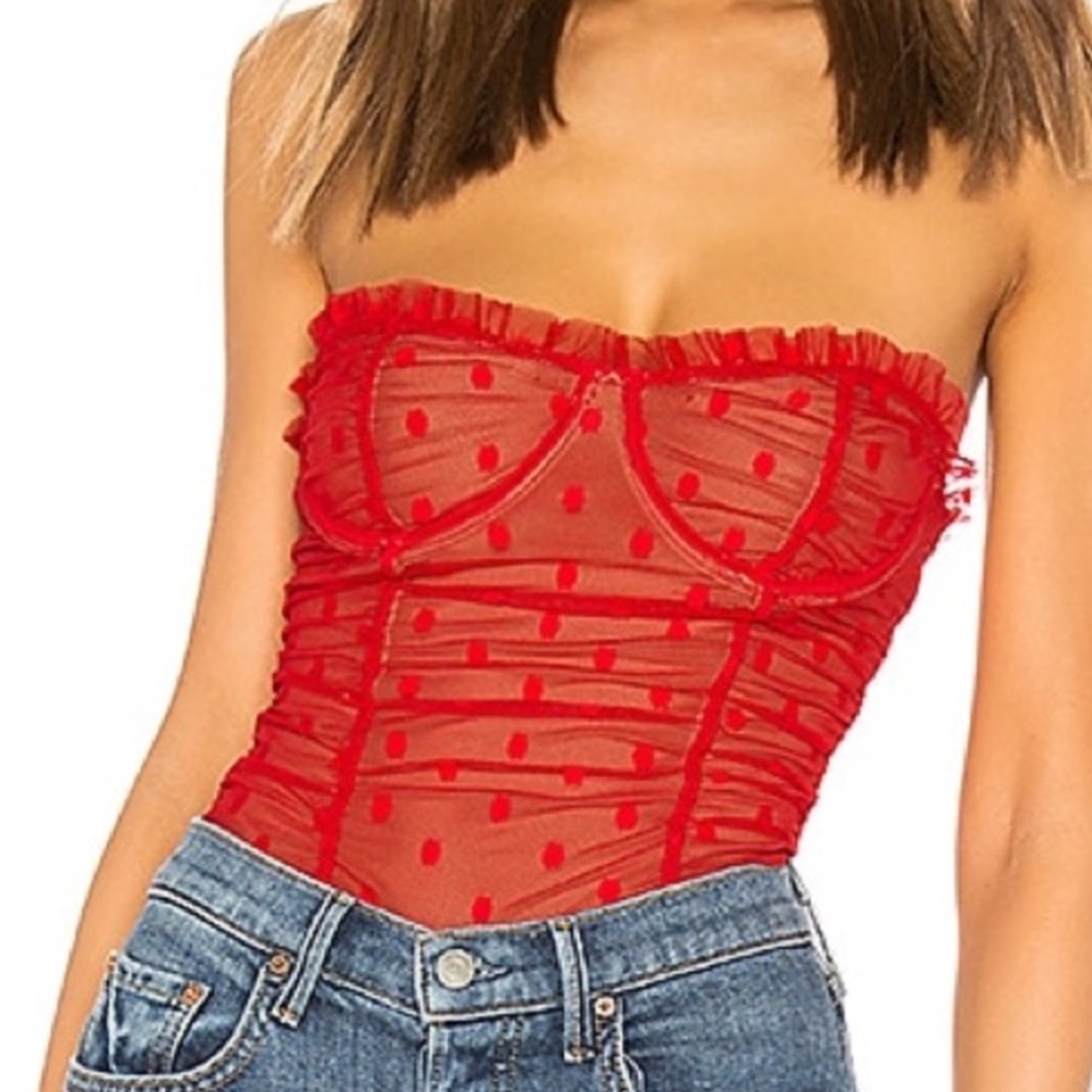 MAJORELLE Red Strapless Mesh Bodysuit